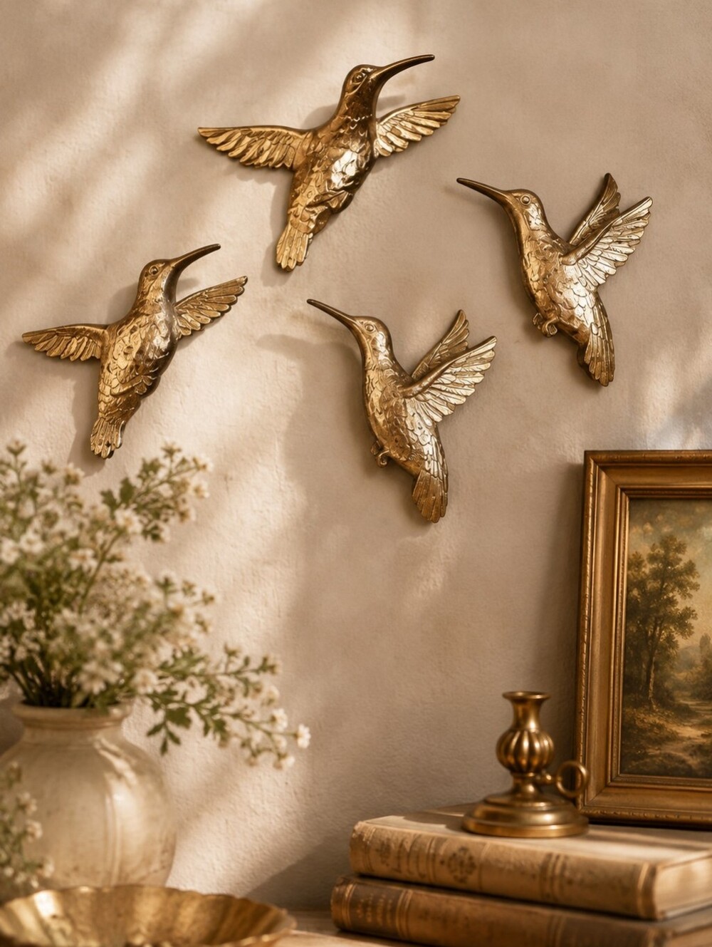Vintage 1985 HOMCO Gold Hummingbird Wall Plaques Set of 4 Bird Decor